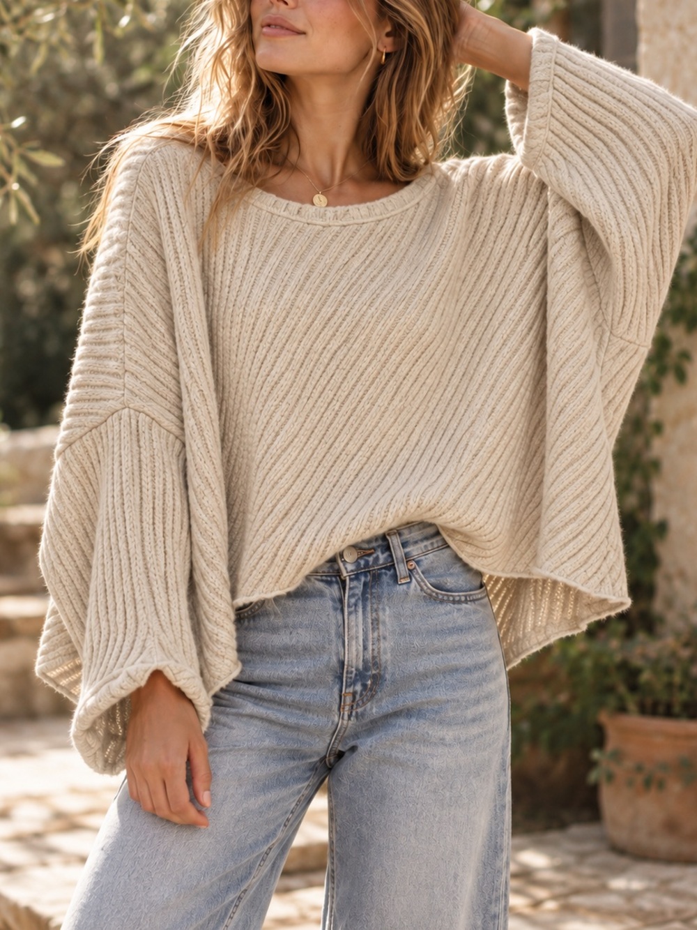 Free People Small Beige Ribbed Knit Oversized Cropped Dolman Sleeve Sweater S